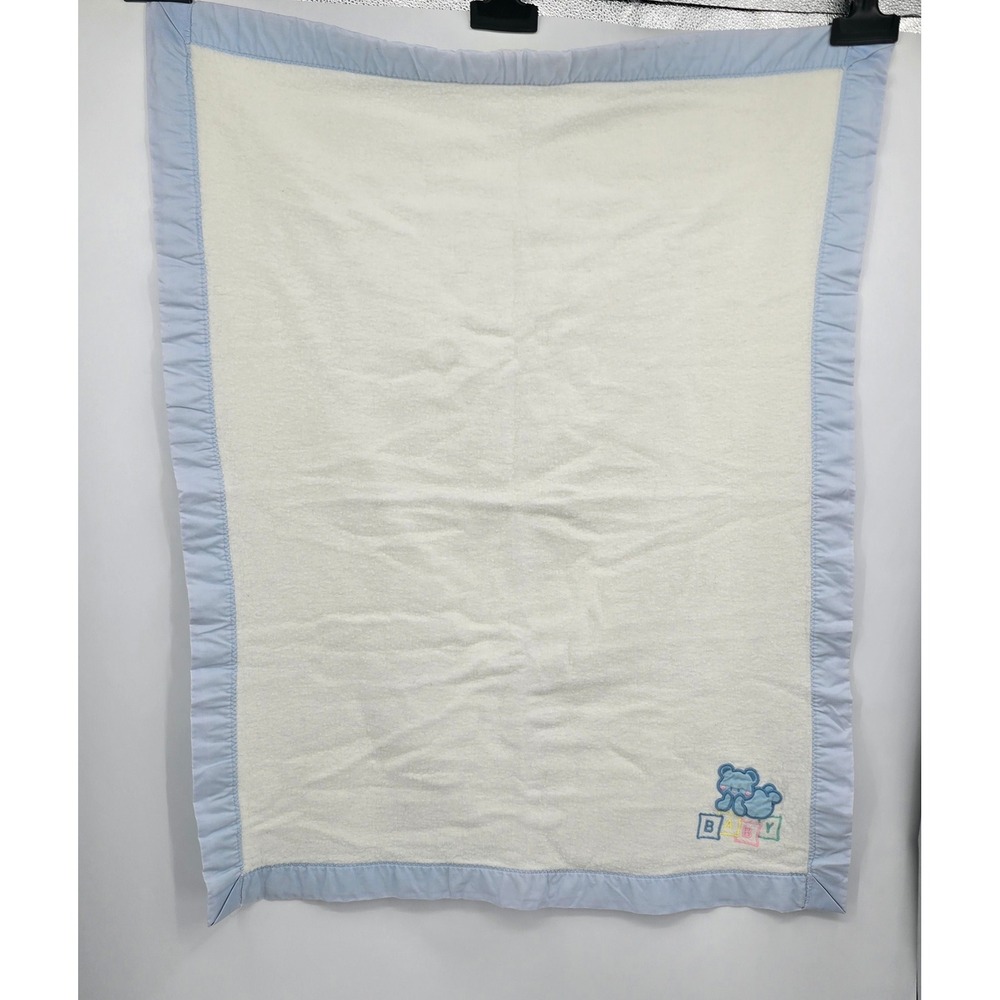 Vintage Cuddle Time Baby Blanket 35x44 Blue Teddy Bear Blocks Satin Trim USA